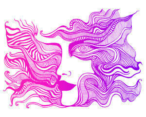 Wall Mural - Bright colorful surreal  psychedelic face with spiral eye, of crazy patterns, gradient pink purple outline color, isolated on white background