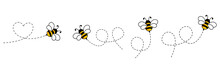 Cartoon Bee Icon Set. Bee Flying On A Dotted Route Isolated On The White Background. Vector Illustration.