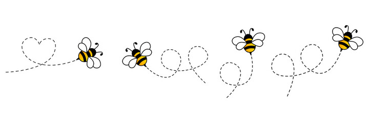 cartoon bee icon set. bee flying on a dotted route isolated on the white background. vector illustra