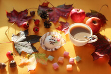 Apples, Nuts, Foliage, Rosehip Fruit With A Cup Of Cocoa And Cake, Close-up, Side View