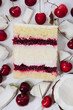 Slice of cake in the section on the background of fruit