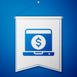 © Kostiantyn - Blue Laptop with dollar icon isolated on blue background. Sending money around the world, money transfer, online banking, financial transaction. White pennant template. Vector.