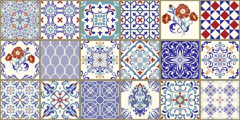 Naklejka na meble Collection of 18 ceramic tiles in turkish style. Seamless colorful patchwork from Azulejo tiles. Portuguese and Spain decor. Islam, Arabic, Indian, Ottoman motif. Vector Hand drawn background
