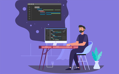 Software developers do the coding on the computer with programming script flat illustration