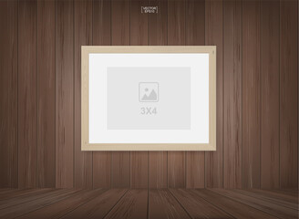 Wall Mural - Empty photo frame or picture frame background in wooden room space background. For room design and interior decoration. Vector.