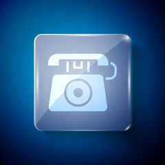 White Telephone with emergency call 911 icon isolated on blue background. Police, ambulance, fire department, call, phone. Square glass panels. Vector.