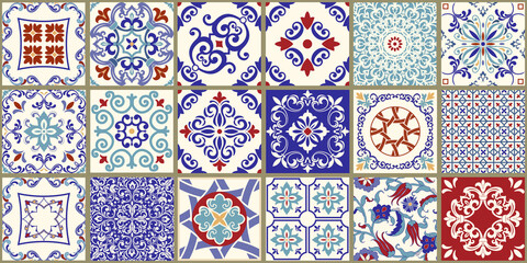  Collection of 18 ceramic tiles in turkish style. Seamless colorful patchwork from Azulejo tiles. Portuguese and Spain decor. Islam, Arabic, Indian, Ottoman motif. Vector Hand drawn background