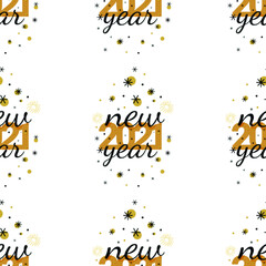 Seamless pattern for 2021 New Year with black and gold text and decorative elements. Vector Illustration on transparent background