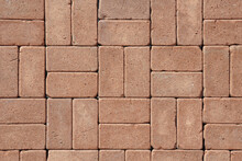 Single Basketweave Rectangular Concrete Paving Stone Pattern For Walkway, Pathway Or Patio. Brown Paver Background.