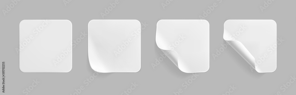 White square glued stickers with curled corners mock up set. Blank white adhesive square paper or plastic sticker label with wrinkled, crumpled effect. Blank template label tags. 3d realistic vector - obrazy, fototapety, plakaty 