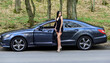 Driver lady. Beauty and fashion. Woman in sexy dress. My car is broken. Defenseless naive girl needs help. Sexy girl elegant dress at road. Sexy girl and luxury car. Escort and sexual services