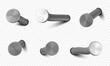 © klyaksun - Nails hammered into wall, steel or silver pin heads, straight and bent metal hardware spikes or hobnails with grey caps top view isolated on transparent background. Realistic 3d vector icons set