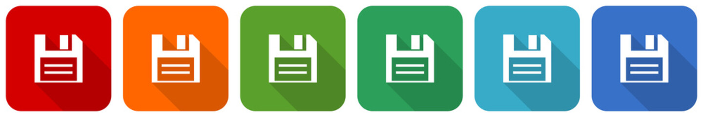 Fototapete - Disk, save icon set, flat design vector illustration in 6 colors options for webdesign and mobile applications