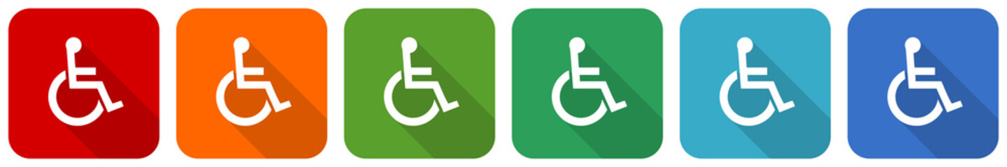 Leinwandbilder - Wheelchair icon set, flat design vector illustration in 6 colors options for webdesign and mobile applications
