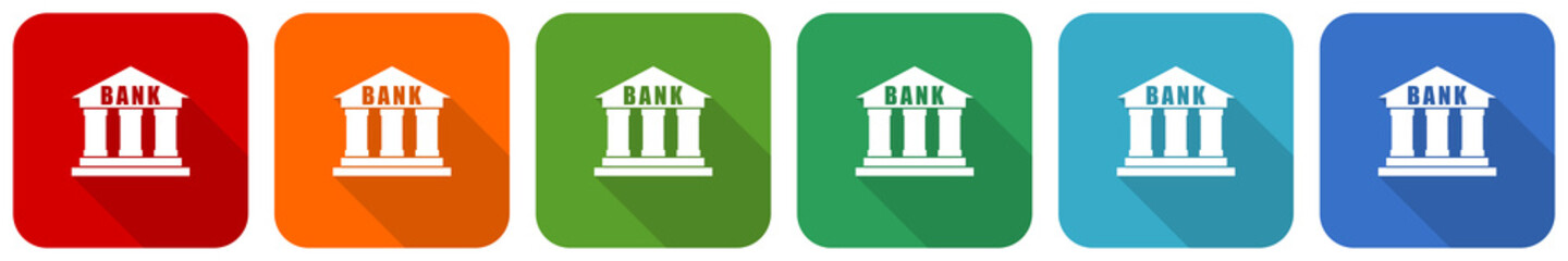 Leinwandbilder - Bank icon set, flat design vector illustration in 6 colors options for webdesign and mobile applications