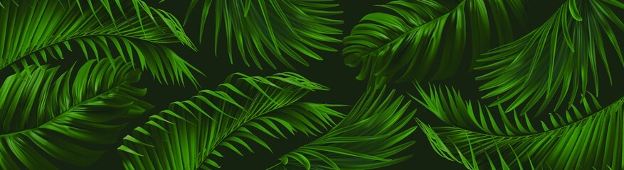 Vector horizontal banner with green, natural leaves on dark green background. Best as a web banner