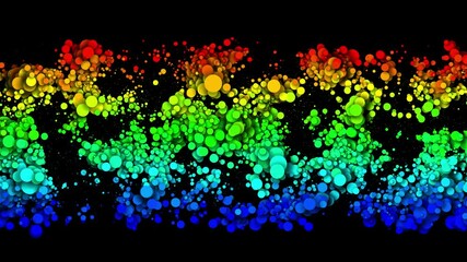 Wall Mural - Circles decrease and increase in waves. 4k looped seamless abstract background. Gradient rainbow color on particles like paint bubbles or dye droplets in water in flat style. Luma matte 10