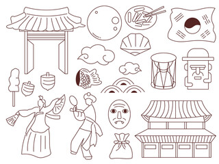 Wall Mural - Set of doodles korea element design. Traditional culture, food, historical building. Set of doodles korea element design. Traditional culture, food, historical building. doodle set vector illustration