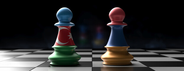 Sticker - Armenian and Azerbaijan flag chess pawns on chessboard, dark background. 3d illustration