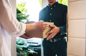 Woman receiving parcel from delivery man