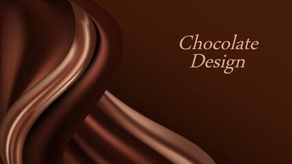 Chocolate wave background. Dark brown creamy chocolate, shiny silk  texture. Smooth color flow effect. Abstract vector background for elegant modern poster or banner.