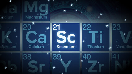 Close up of the Scandium symbol in the periodic table, tech space environment.	