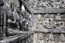 Close Up View Of The Carvings And Sculptures At The Ancient Khmer Temple Complex Of Angkor Wat