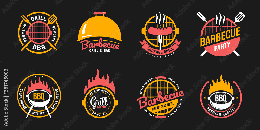 Barbecue and grill labels, badges, logos and emblems. Set vector ...