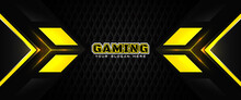 Futuristic Yellow And Black Abstract Gaming Banner Design Template With Metal Technology Concept. Vector Graphic For Business Corporate Promotion, Game Header Social Media, Live Streaming Background