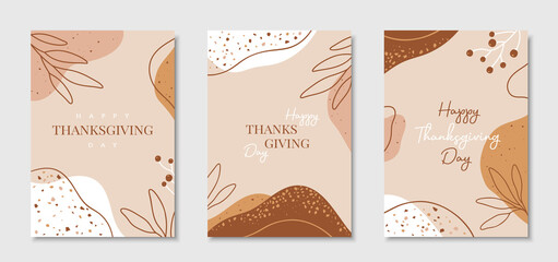 Wall Mural - happy thanksgiving day - set of greeting cards with abstract leaves and spots with terrazzo texture