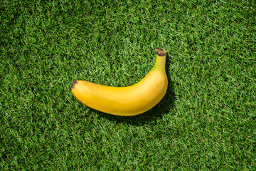 Beautiful banana from the Canary Islands on green grass. Minimalist image for commercial use