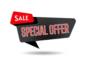 Wall Mural - Black Friday sale banner template, special offer. Abstract advertising sign banner of sale, promotion. Super sale and discount. Halftone dot background, black and red. Isolated vector illustration