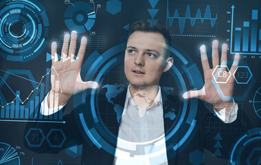 Fototapete - Businessman Pushing Buttons On Virtual Panel Standing Over Blue Background