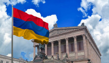 Armenia Flag In Front Of Old Building