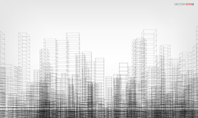 Canvas Print - Wireframe city background. Perspective 3D render of building wireframe. Vector.