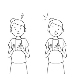 Illustration set of a woman using smartphone (I don't know how to use it, I understand!)