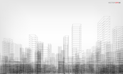 Canvas Print - Wireframe city background. Perspective 3D render of building wireframe. Vector.