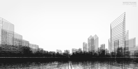 Wall Mural - Wireframe city background. Perspective 3D render of building wireframe. Vector.