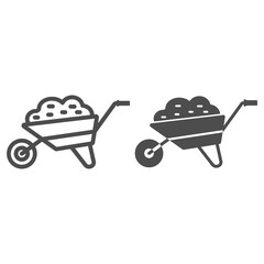 Wall Mural - Garden cart line and solid icon, Garden and gardening concept, Wheelbarrow cart sign on white background, trolley with ground icon in outline style for mobile concept and web design. Vector graphics.