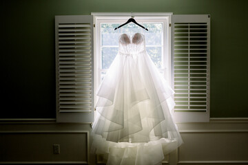 Wall Mural - Wedding Dress Draped between Two Window Shutters. 