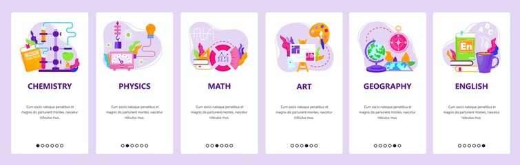 Wall Mural - study subjects chemistry, physics, math, art, geography, english. mobile app screens, vector website