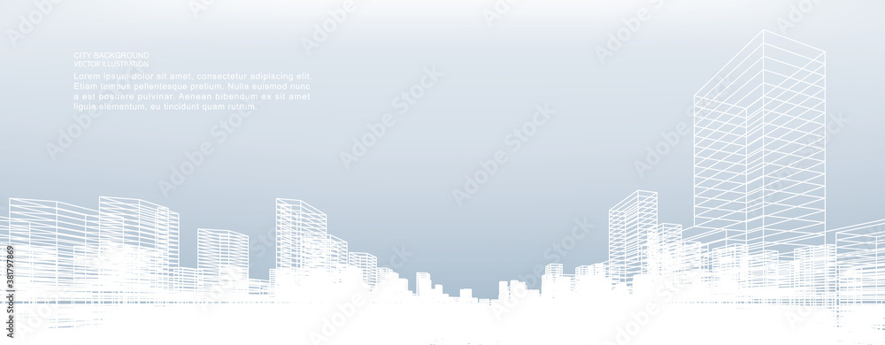 Abstract wireframe city background. Perspective 3D render of building wireframe. Vector. - obrazy, fototapety, plakaty 