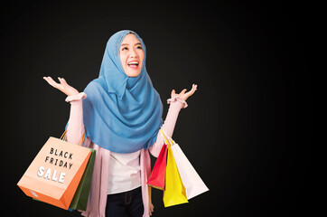 woman Muslim smiling funny wear veil hijab she excited holding shopping bags multi color