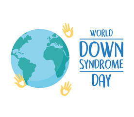 Sticker - world down syndrome day, hands print heart planet map