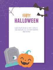 Sticker - happy halloween, banner celebration tombstone pumpkin spooky eye bats and cobweb