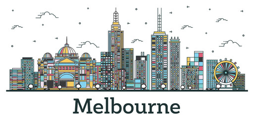 Wall Mural - Outline Melbourne Australia City Skyline with Color Buildings Isolated on White.