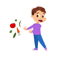 Sticker - Cute Boy Does Not Want to Eat Vegetables, Kid Refusing to Eat Healthy Food Cartoon Style Vector Illustration