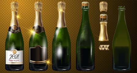 Happy new year 2021. Vector Realistic green with gold closed Champagne bottle isolated on transparent background.