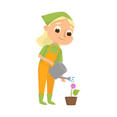 Sticker - Cute Girl Watering Flower in Flowerpot, Little Kid Farmer Character in Overalls Working in Garden Cartoon Style Vector Illustration