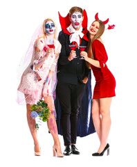 Friends in Halloween costumes on white background